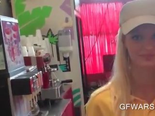 Blonde waitress pussy fingered in POV style